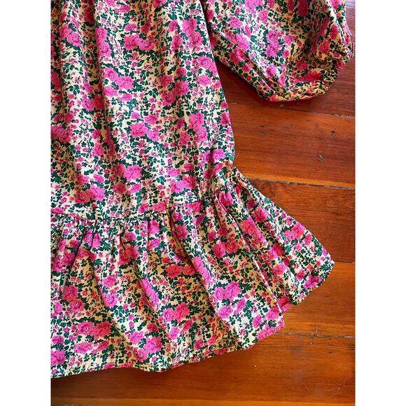 Zara Floral Babydoll Smock Mini Dress Pink Roses Ruffle Hem Size Large - Picture 5 of 12
